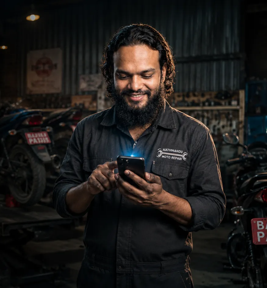 Nepali Mechanic using Hamro Workshop App on Mobile
